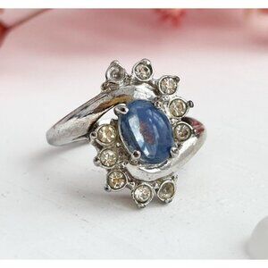 Silver Toned Blue Gemstone & Clear Gemstone Framed Vintage Vintage Ring - sz 6